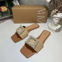 【Free Shipping】NewZaraˉSquare Toe Pearl Rhinestone Slippers