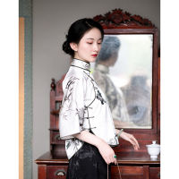 【CW】Woman Plus Size Traditional Chinese Shirt Qipao Tops Vintage Satin Ink Painting Archaic Tang Suit Improve Seven-Sleeve Cheongsam