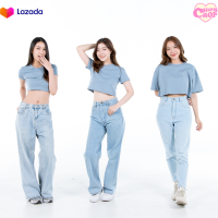 ChobCrop เสื้อครอป เอวลอย สีฟ้าเทา แขนสั้น คอกลม ผ้าคอตตอน มี3ทรง Pearl Gray Crop Top