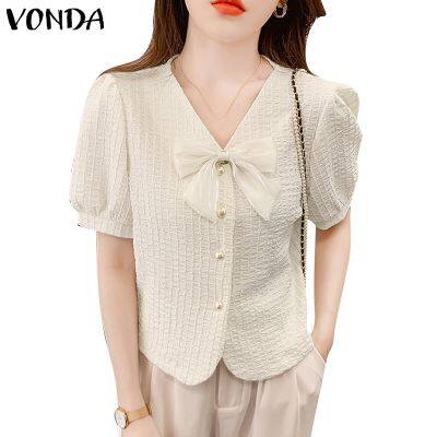 Vonda เสื้อเชิ้ต คอวี แขนสั้น เย็บปะติดปะต่อกัน สไตล์เกาหลี สําหรับผู้หญิง