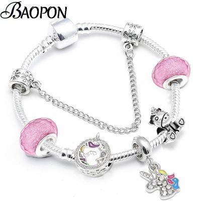 Cartoon Unicorn Beads Charm Bracelets For Women Romantic Silver Color Snake Chain Bracelet Bangle For Kids Brand Jewelry Gift