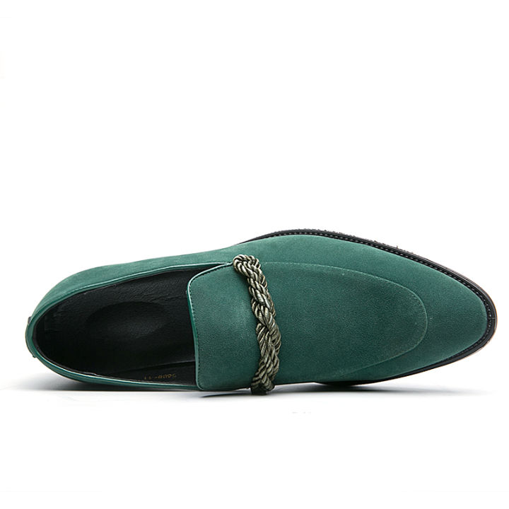 รองเท้าไม่มีส้นสีเขียวสำหรับผู้ชาย-รองเท้าโลฟเฟอร์หัวกลมรองเท้าลำลองหนังนิ่มเทียมสีทึบชุดเดรสแฟชั่นสำหรับงานแต่งงาน