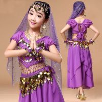 Girls Belly Dance Dancing Costume Set Kids Indian Dance Dress Top + Skirt + Head Scarf + Waist Chain