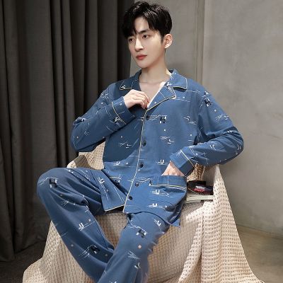 MUJI High quality 100  cotton pajamas mens spring and autumn long-sleeved 2023 new style can be worn outside cotton summer home service winter suit