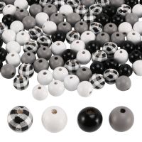 160Pcs Craft Wood Round Beads Plaid Wood Beads Summer Christmas Wood Bead Natural Farmhouse Beads (Black White Plaid)