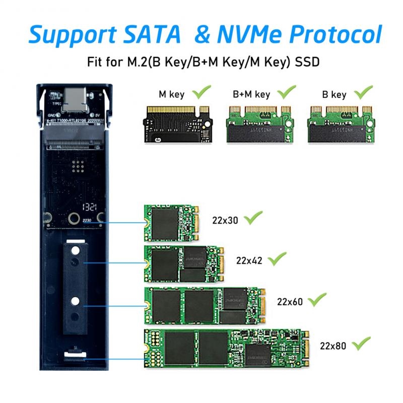 KoelrMsd Carte SSD Double protocole M.2 vers USB 3.0 Adaptateur SSD M.2 NVME PCIE NGFF SATA M2 pour 2230 2242 2260 2280 SSD M.2 RTL9210B 