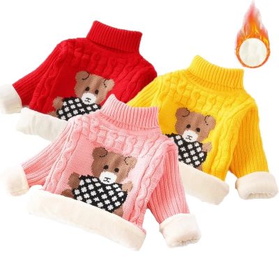 Winter Kids Sweaters Plus Velvet Thick Turtleneck Pullover Boys Coats Warm Winter Girls Sweater Stretch Bear Knitted Bottoming