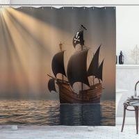 Pirate Shower Curtain Ship with Black Flags Floating on Ocean Caravel Watercraft Nautical Fabric Bathroom Decor Set with Hooks