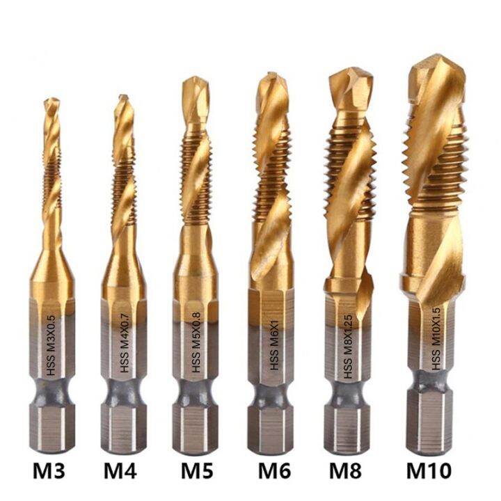 6Pcs Tap Drill Bit Set, M3M10 HSS Titanium Combination 1/4" Hex Shank