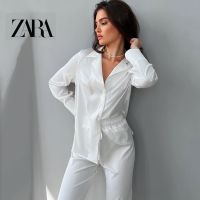 Zara ชุดนอน เสื้อแขนยาว กางเกงขายาว ผ้าไหม ทรงหลวม แฟชั่นสําหรับสตรี