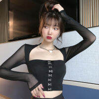 Beautifultime ผู้หญิงฤดูร้อน Slim Crop Tops,ตาข่ายแขนยาวคอเหลี่ยมด้านหน้า Retro ปุ่มเสื้อยืดตกแต่ง