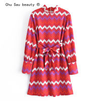 Vintage  Spring Autumn New Woman Slim Geometric Print Stand-Up Collar Bow Tie Long-Sleeved Mini Dress