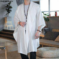 INCERUN Mens Chinese Vintage Cape Poncho Cloaks Casual Baggy Hooded Coat เสื้อสเวตเตอร์ถักแจ็คเก็ต (ผ้าฝ้ายลินิน)