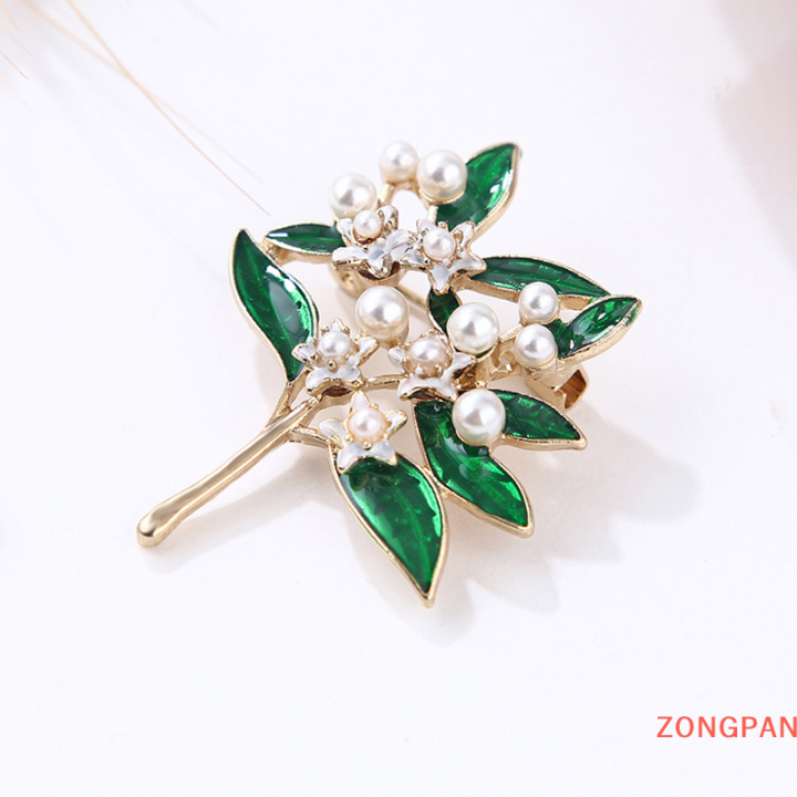 zongpan-เข็มกลัดแฟชั่นเคลือบสีขาวลายดอกไม้สีเขียวใบไข่มุกเข็มกลัดที่มีคุณภาพสูงเครื่องประดับเสื้อยกทรงแบบสร้างสรรค์สำหรับผู้หญิงผ้าพันคอหัวเข็มขัด