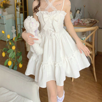 2023ฤดูร้อนสีขาว Lolita มินิเดรสผู้หญิง Kawaii เสื้อผ้า Vintage Fairy ชุดเดรสหญิง Casual Elegant Dress