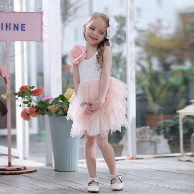 〖jeansame dress〗ฤดูร้อนลูกไม้สาวแต่งตัวตาข่ายเด็กชุดเจ้าหญิงสำหรับสาวเสื้อกั๊กชุดพรรคชุดเสื้อผ้าเด็ก E16900