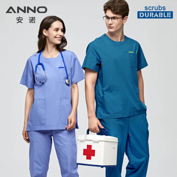 ANNO Blue Nurse Medical Uniform Women Men Scrubs Suit Round Neck