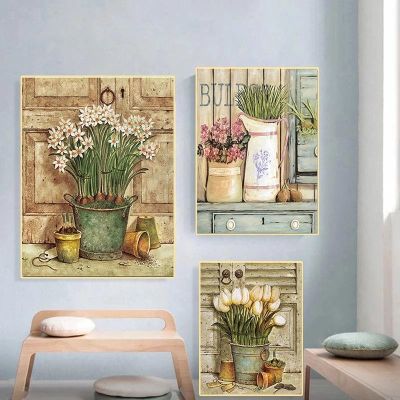 ∋☑ ยุโรป Retro พืชและดอกไม้กระถางโปสเตอร์และภาพพิมพ์พืช Pastoral ภาพวาดผ้าใบ Vintage Wall Art ภาพตกแต่งห้อง