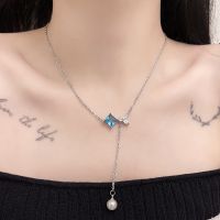 [COD] luxury and exquisite tassel topaz necklace collarbone chain female celebrity style temperament blue zircon butterfly pearl