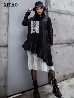 XITAO Dress Patchwork Women Black Ruffle Shirt Dress