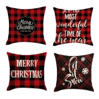 4PCS Christmas Pillowcase Square Home Decor Linen Pillow Red Plaid Cases Cushion Covers for Sofa Car Gift 45X45cm