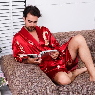TOP☆Men 2pcs/Set Long Sleeve Robe +Shorts Pajamas Sets Male Home Clothing Dragons Printed Satin Silk BathRobe Kimono for Men Plus Size