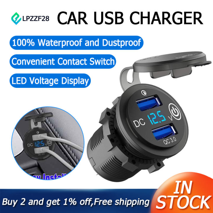 12V USB Outlet, Quick Charge 3.0 Dual USB Car Charger with Contact Switch  and Voltmeter for 12V/24V Motorcycle Car Truck Lazada