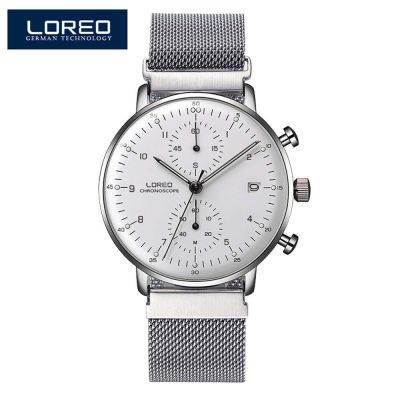 LOREO Mens Quartz Watch 316L Stainless Steel Mesh Belt Date Luminous Waterproof Sport WristWatch Man Chronograph Watches Men