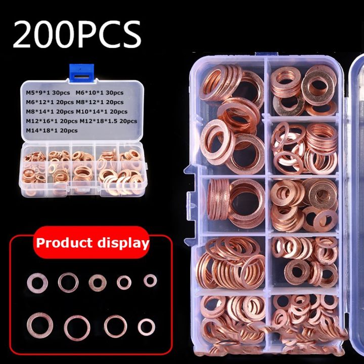 haotao-hardware-200pcs-ทองแดงเครื่องซักผ้าปะเก็นอ่อนนุชและ-bolt-ชุดแบนซีลแหวนชุดกล่อง-m5-m6-m8-m10-m12-m14สำหรับ-sump-ปลั๊กน้ำ