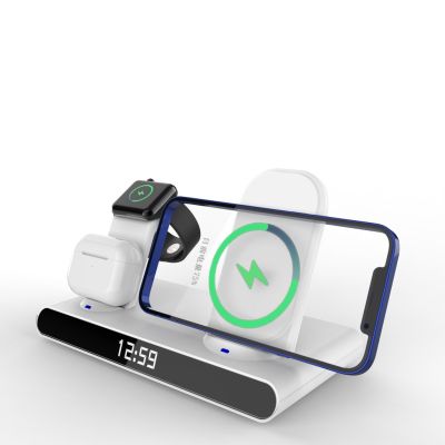 NEWMINE ชาร์จเร็วแบบไร้สาย 15W 3in1 นาฬิกาอิเล็กทรอนิกส์ พลังมือถือ หน้าจอแสดงผลแบบดิจิตอล ใช้ได้กับ: for iPhone, นาฬิกา, หูฟัง