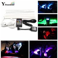 Yituancar ไฟแถบ Rgb ควบคุมเสียงเพลงในรถยนต์,4ชิ้นไฟ Led ควบคุมเสียงภายในที่ชาร์จรีโมทโคมไฟจัดแต่งอะคูสติก