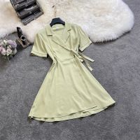 Summer New French Temperament Hepburn Wind Vane Suit Collar With Waist Short Sleeve Dress 2713