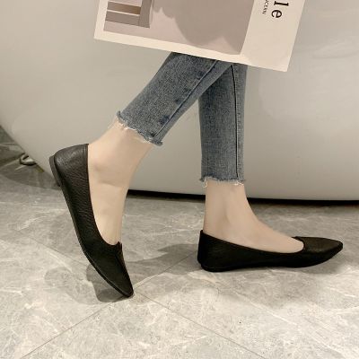 Womens Black Pointed Toe Flats Irregular Casual Leather Shoes for Ladies Korean Rubber Shoes
