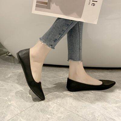 Womens Black Pointed Toe Flats Irregular Casual Leather Shoes for Ladies Korean Rubber Shoes