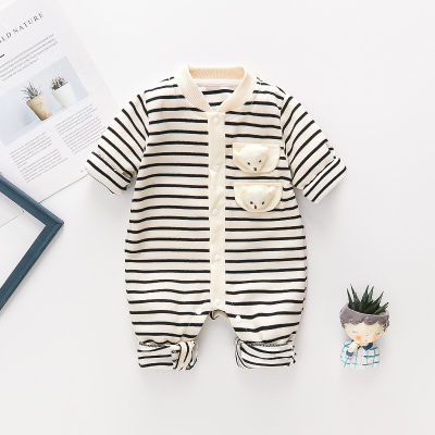 Stripes New Born Unisex Bodysuits &amp; One-Pieces Romper ฤดูใบไม้ผลิฤดูใบไม้ร่วงใหม่หมีเด็กเสื้อผ้าน่ารักแขนยาวผ้าฝ้าย Outing Clothes