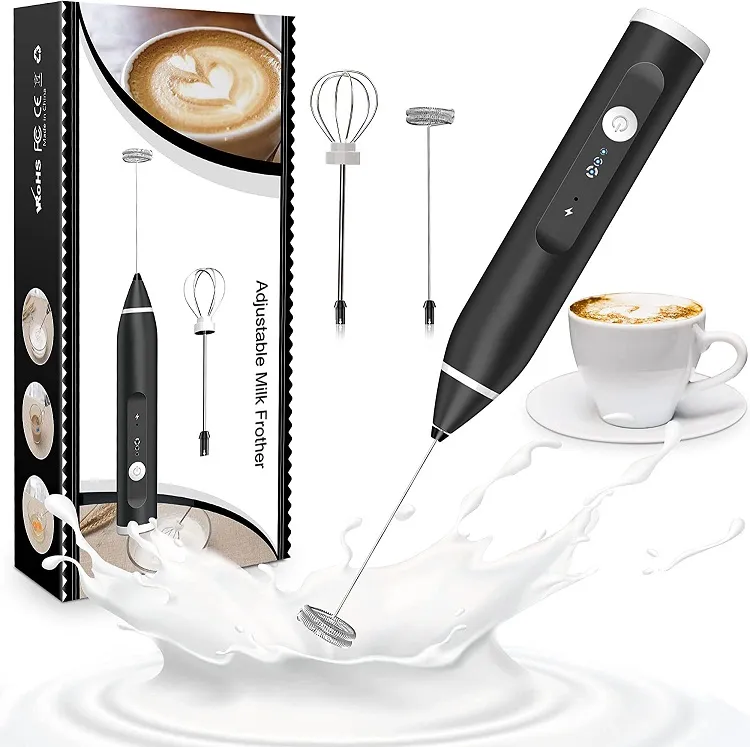 Rechargeable Milk Frother Handheld Electric Foam Maker with Stainless Whisk 3 Speed for Bulletproof Coffee Latte Cappuccino Hot Chocolate Black