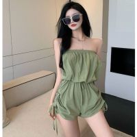 COD DSGERTRYTYIIO 【LC】Korean version of a shoulder jumpsuit womens straps pleated wide leg pants summer thin section waist loose shorts