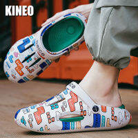 KINEO รองเท้าหัวโตสำหรับผู้ชาย,รองเท้ากันลื่นพิมพ์ลาย Sepatu Kebun สไตล์เกาหลีระบายอากาศได้กลางแจ้งใส่เดินพื้นรองเท้ารองรับฤดูร้อนรองเท้าผู้ชายลำลอง