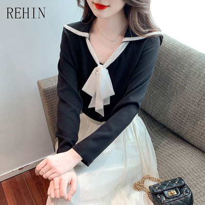 REHIN Women S Top New Navy Collar Bow Tie Long Sleeve Shirt Elegant Skinny V-Neck Trend Blouse