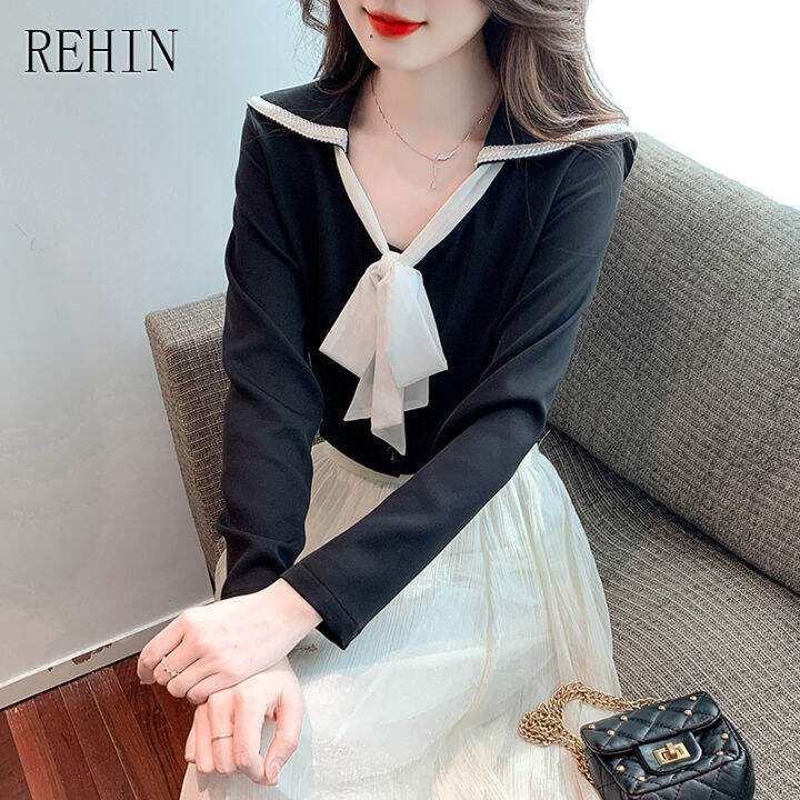 rehin-women-s-top-new-navy-collar-bow-tie-long-sleeve-shirt-elegant-skinny-v-neck-trend-blouse