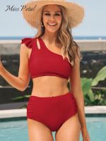 Red Ruffle One Shoulder And High Waist Bikini Set For Women Sexy Tank Top Two Pieces Swimsuit 2023 Beach Swimwear Bathing Suits