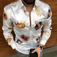 2022 Spring and Autumn Men Casual Fashion Crown Flower Print Long Sleeve Turn-down Collar Silky Shirt