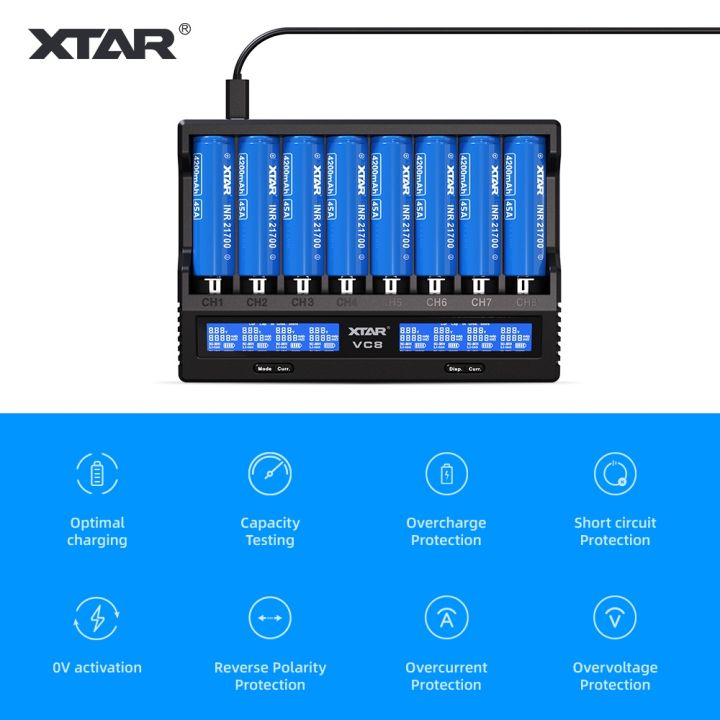 legit-xtar-vc8-plus-ที่ชาร์จแบตเตอรี่-8x21700-ฟังก์ชั่นทดสอบความจุ-1a-x-8-พร้อมอะแดปเตอร์