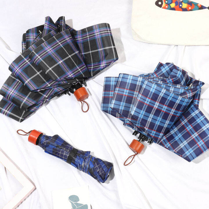 New Triple Fold Umbrella Classic Checkered Umbrella for Men and Women's