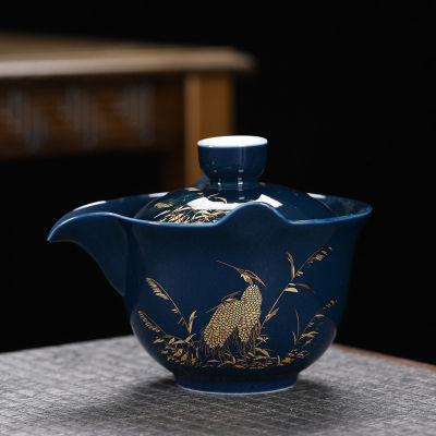 200ml Cyan Porcelain Gaiwan Tureen With Filtration Chinese Ceramic Tea Bowl Cup Saucer Lid Jingdezhen Gaiwan Cup Bowl Tea Gift