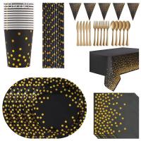 ☃❅✜ Stamping black polka dots disposable birthday party tableware sets paper cups paper plates pull flags decorative arrangements