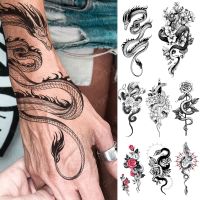 ۩ Waterproof Temporary Tattoo Sticker Black Snake Dragon Totem Flash Tatto Tiger Flowers Roses Body Art Arm Fake Tatoo Men Women