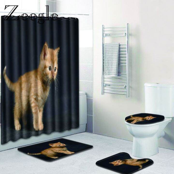 zeegle-cat-pattern-mat-for-bathroom-wc-carpet-set-4pcs-with-shower-curtain-microfiber-door-mats-toilet-rug-non-slip-floor-mats