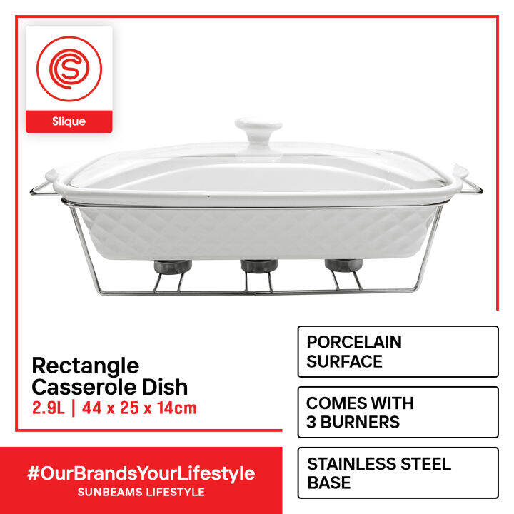 SLIQUE Premium Rectangle Ceramic Casserole Serving Dish with Tempered Glass Lid , Metal Stand