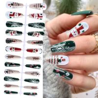 24pcs Long Coffin False Nails Snowflake Winter Design Artificial Fake Nails With Glue Sticker Full Cover Press On Nails LA1934